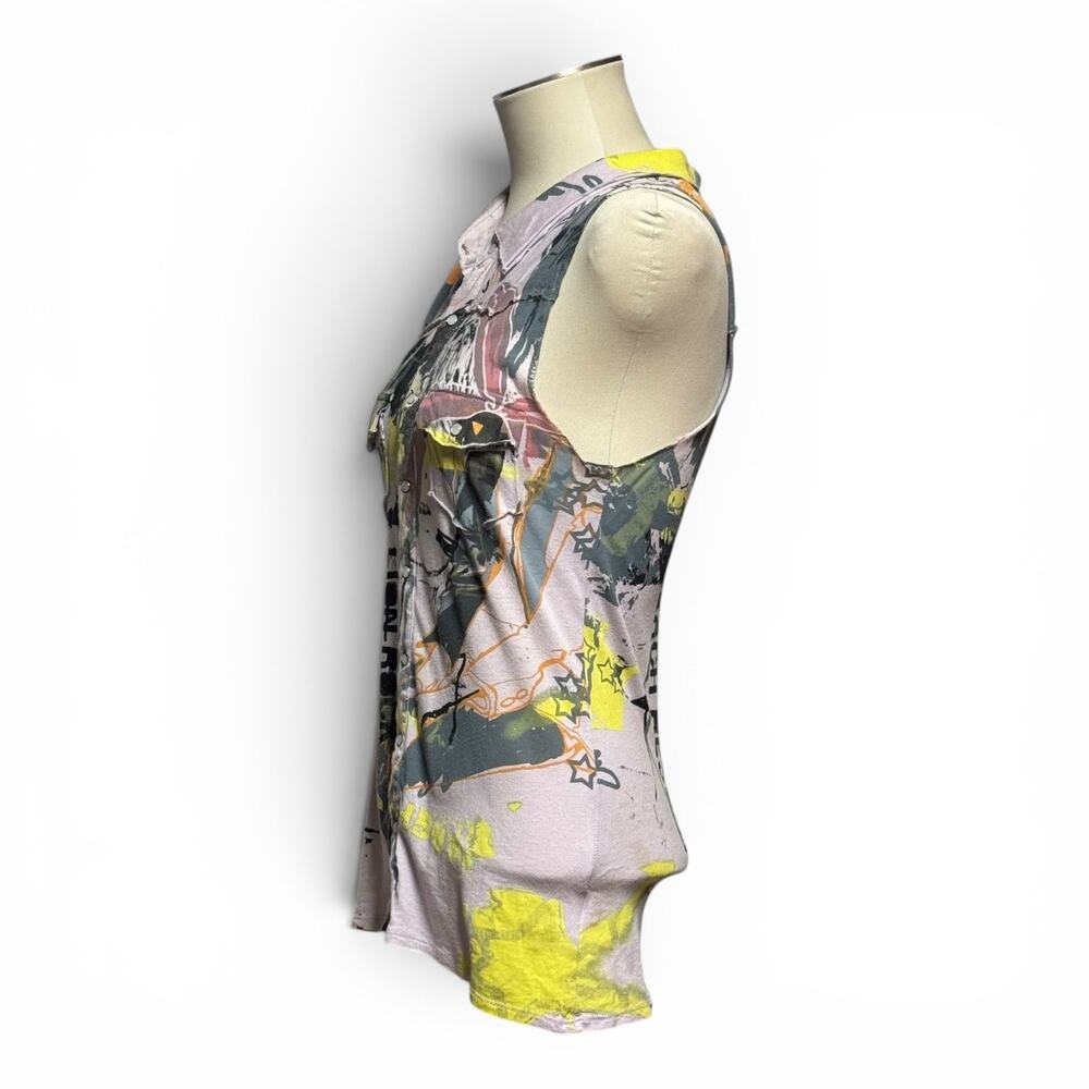 Anama Cotton Modal Sleeveless Pearl Snap Top Shirt Graffiti Lilac Large - Picture 3 of 5